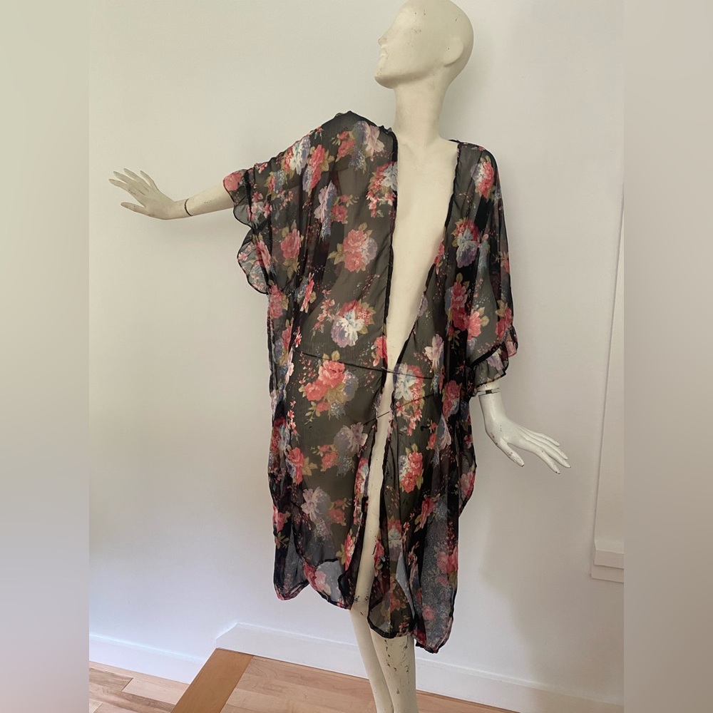 Betsey Johnson Black and Pink Floral Sheer Robe/kimono/top